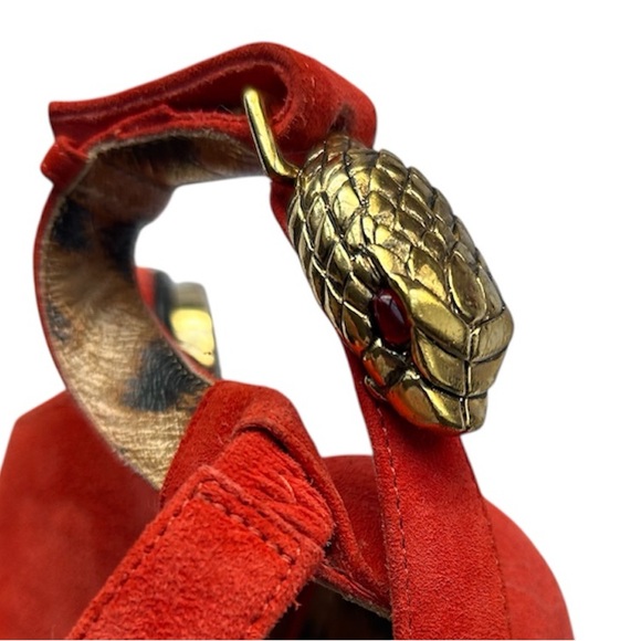Roberto Cavalli Red/Orange Suede Stiletto Heels Gold Snake Head Italy Size 7 - Picture 6 of 11